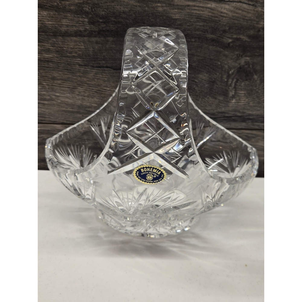 Bohemia Czech Republic Hand Cut Lead Crystal Basket Pinwheel Diamond 8.25"